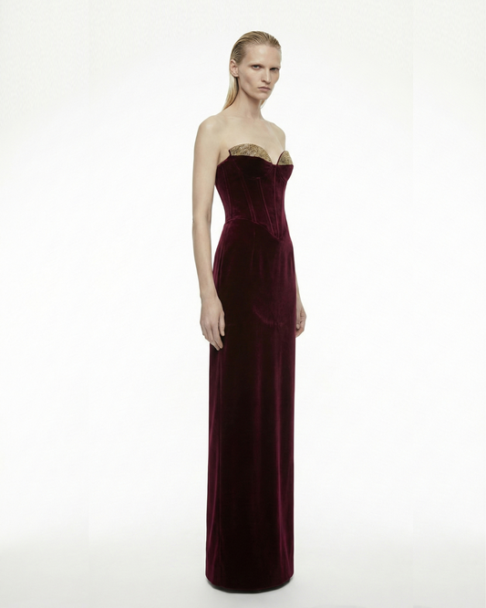 BURGUNDY VELVET CORSET MAXI DRESS