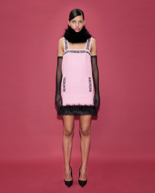 TWEED MINI DRESS WITH RHINESTONE AND FAUX FUR TRIMMINGS