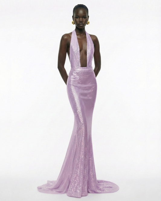 BACKLESS SEQUIN GOWN WITH TRAIN IN LILAC