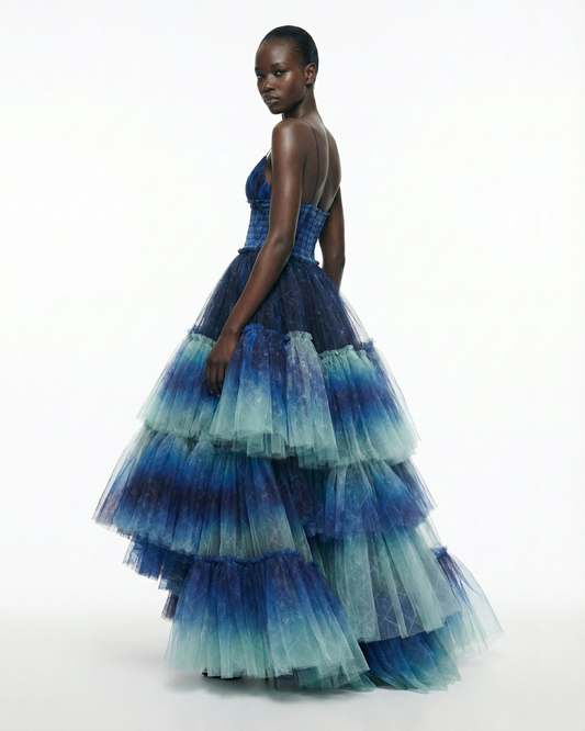 PRINTED TULLE GOWN