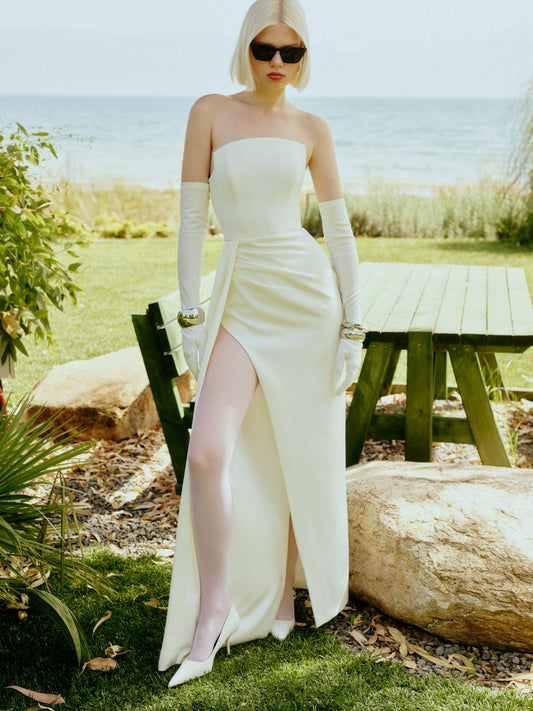 STRAPLESS CREPE DRESS WITH DEEP SLIT