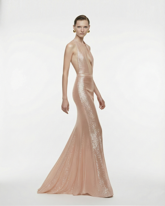 BACKLESS SEQUIN GOWN WITH TRAIN
