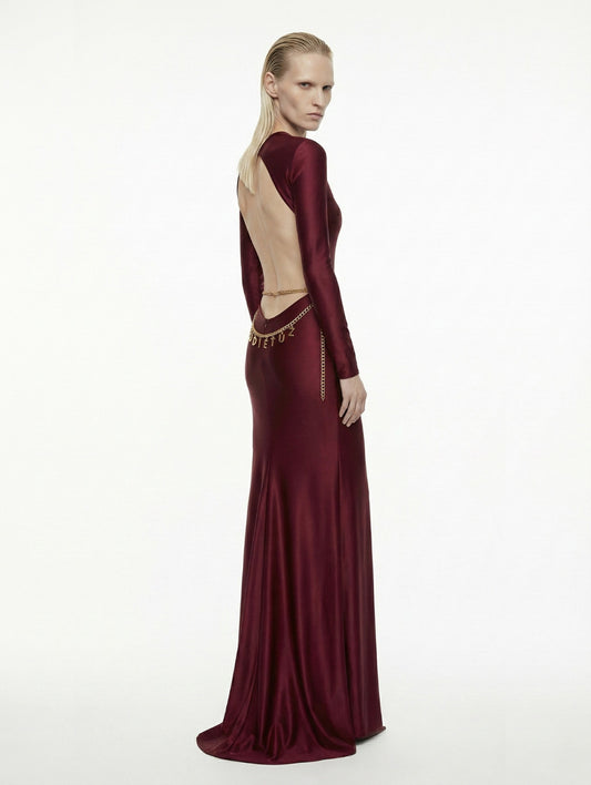 BACKLESS MAXI JERSEY DRESS WITH CHAIN ACCESSORY