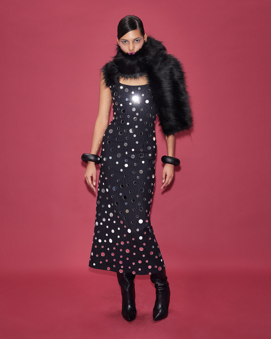 MIDI MIRROR COVERED DRESS WITH FAUX FUR STRAPS