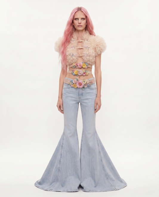 RUFFLED TULLE CROPPED BOLERO JACKET WITH 3D PRINTED ACCESSORIES
