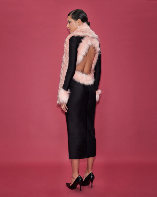 JERSEY MIDI BACKLESS DRESS WITH FAUX FUR TRIMMINGS