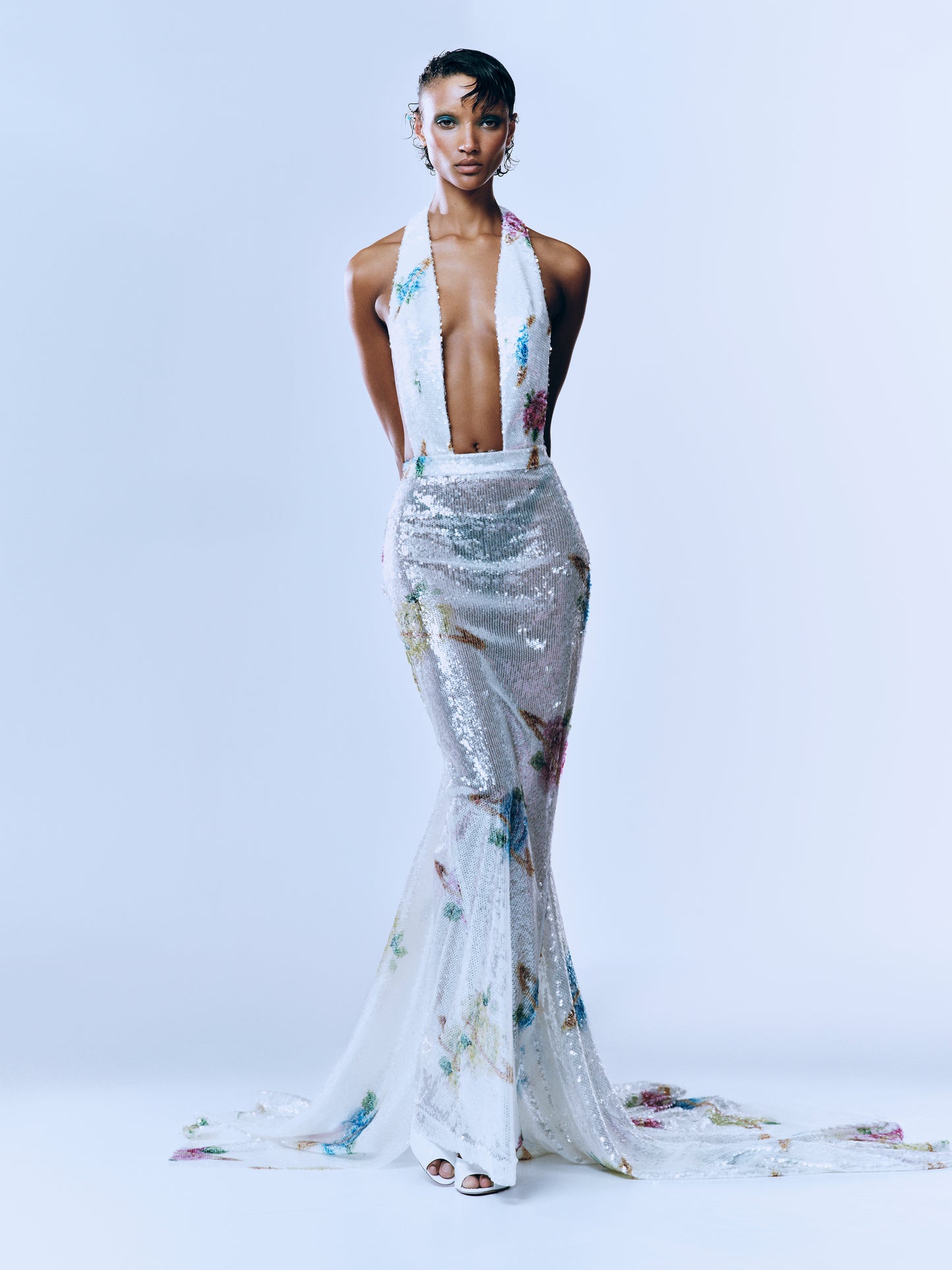 BACKLESS SEQUIN GOWN WITH TRAIN