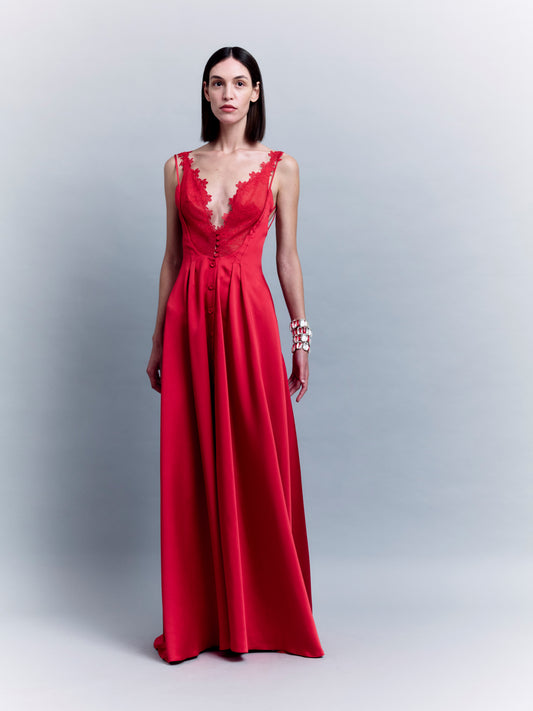 BACKLESS MAXI SATIN DRESS WITH LACE TRIMMINGS