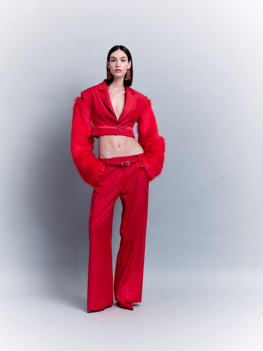 CROPPED JACKET WITH REMOVABLE FAUX FUR SLEEVES