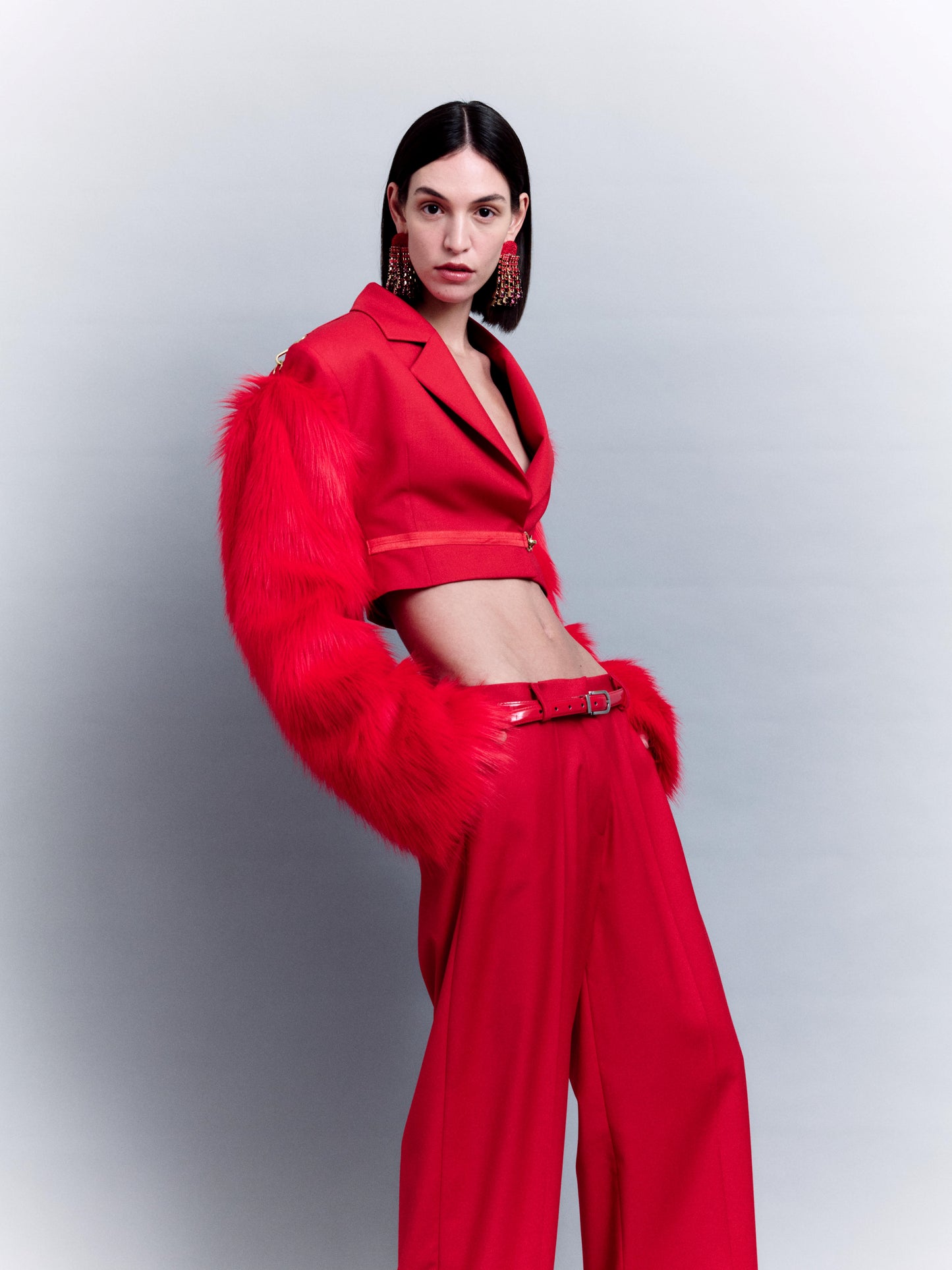 CROPPED JACKET WITH REMOVABLE FAUX FUR SLEEVES