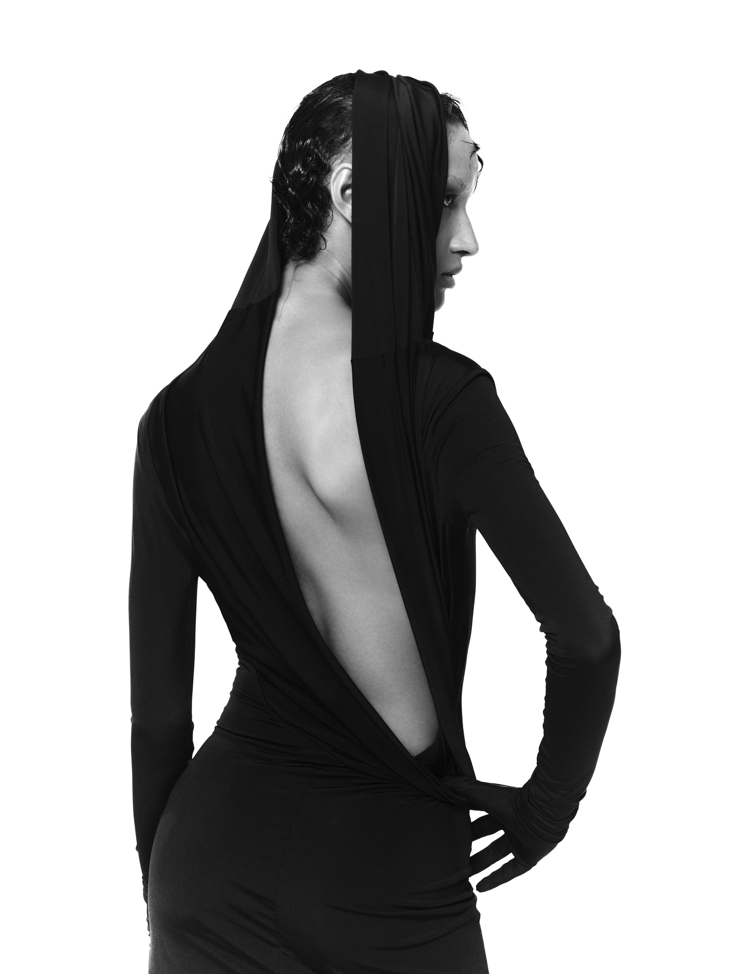 HOODED JERSEY DRESS WITH OPEN BACK