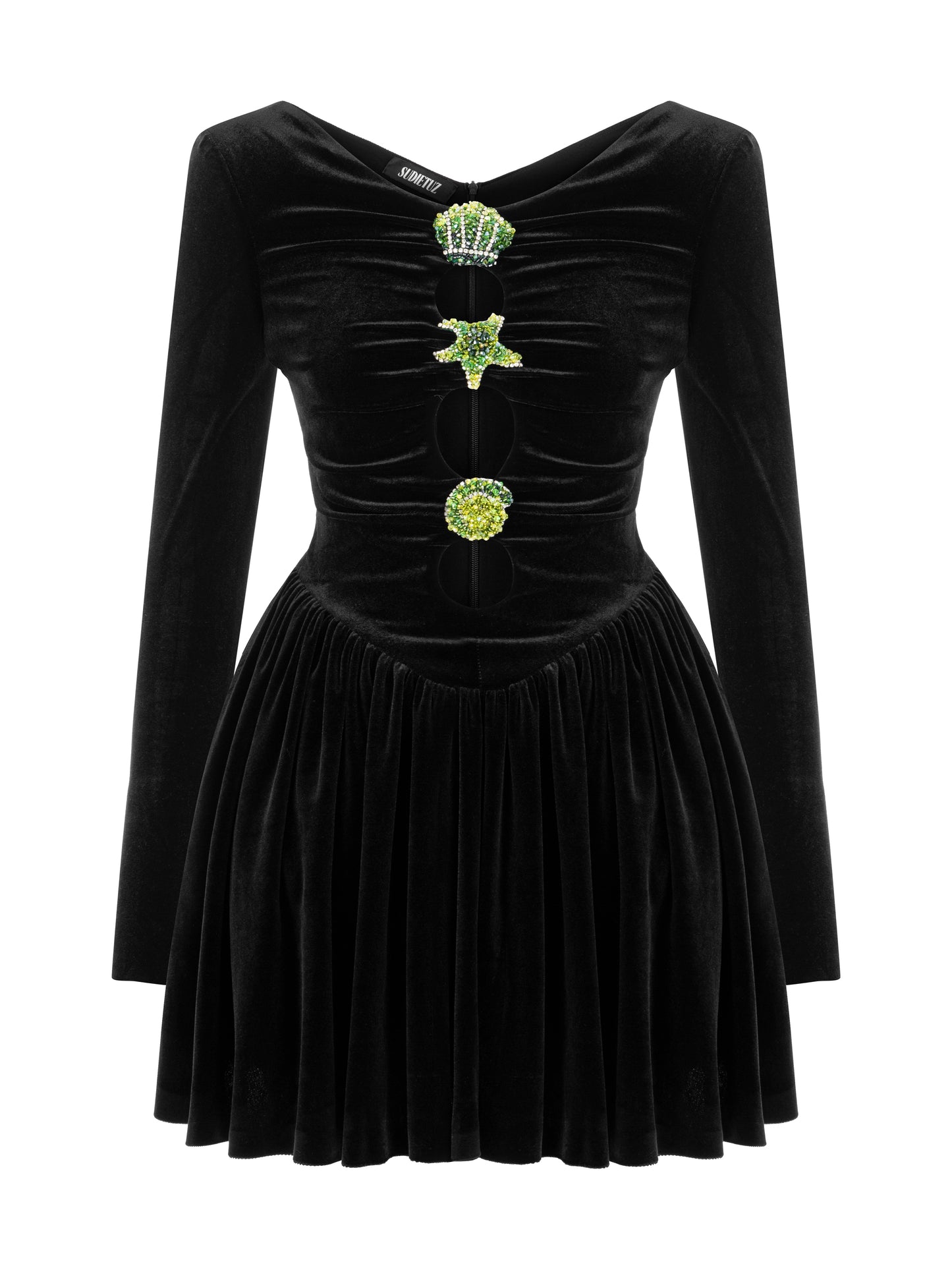 BLACK MINI VELVET DRESS WITH OPENINGS ON CENTER FRONT