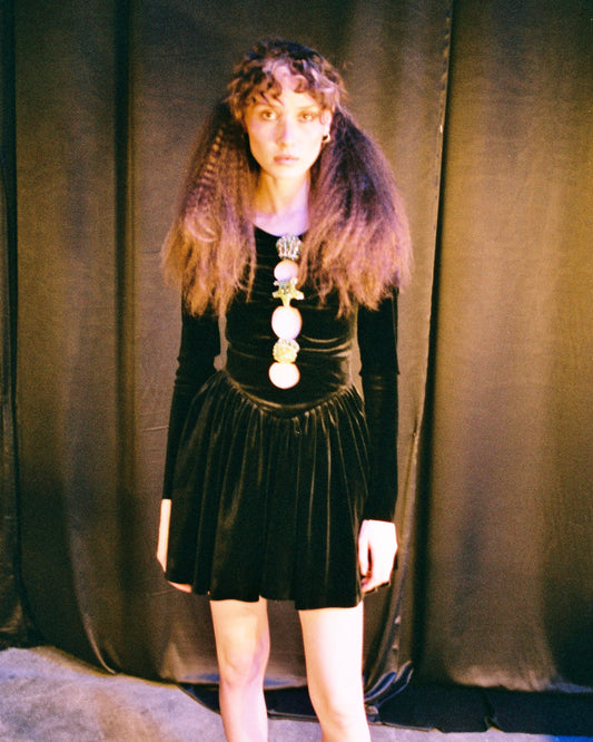 BLACK MINI VELVET DRESS WITH OPENINGS ON CENTER FRONT