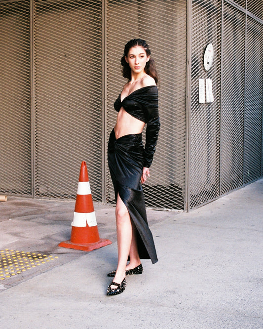 RHINESTONE JERSEY DRAPE TIE SKIRT