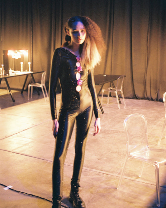 RHINESTONE JERSEY JUMPSUIT WITH BEADWORK EMBELLISHMENT