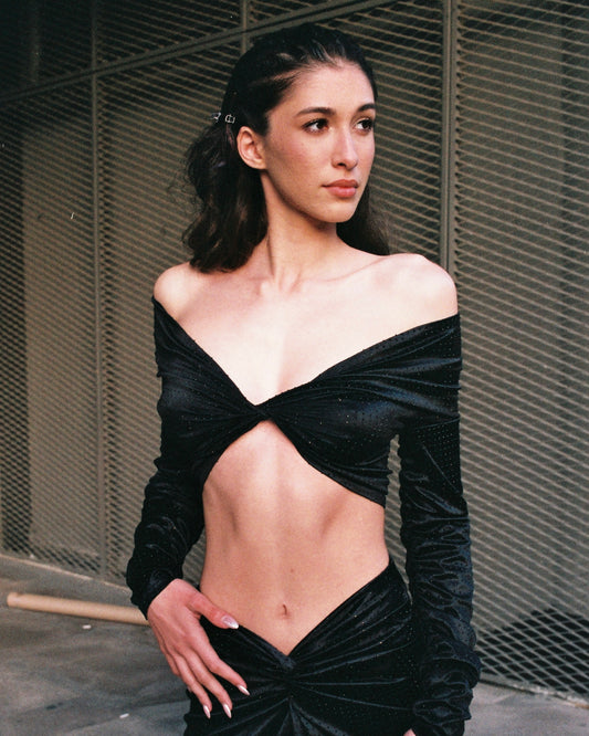 RHINESTONE JERSEY OFF SHOULDER TOP