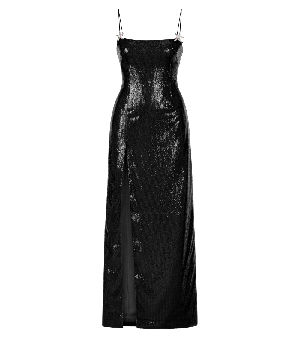SEQUINED SLIT DRESS IN BLACK