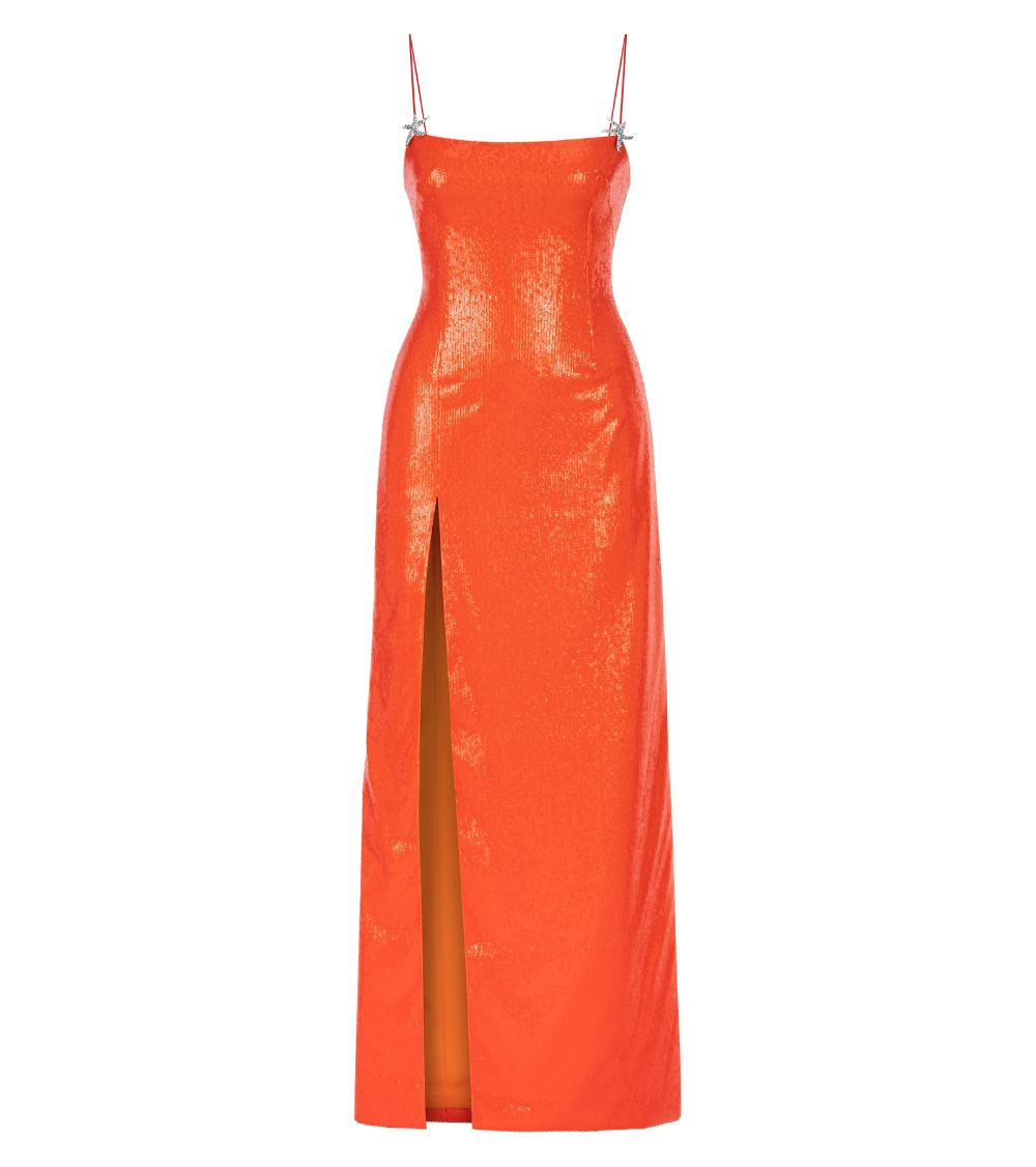 SEQUINED SLIT DRESS IN ORANGE