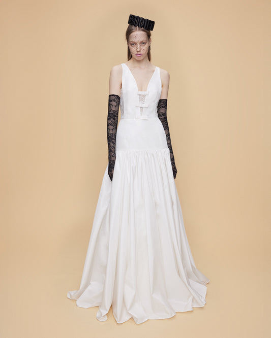 DEEP V NECKLINE GOWN WITH BOW DETAILS