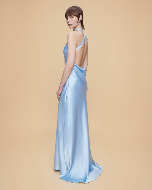 HALTER NECK MAXI SATIN DRESS WITH LACE TRIMMINGS