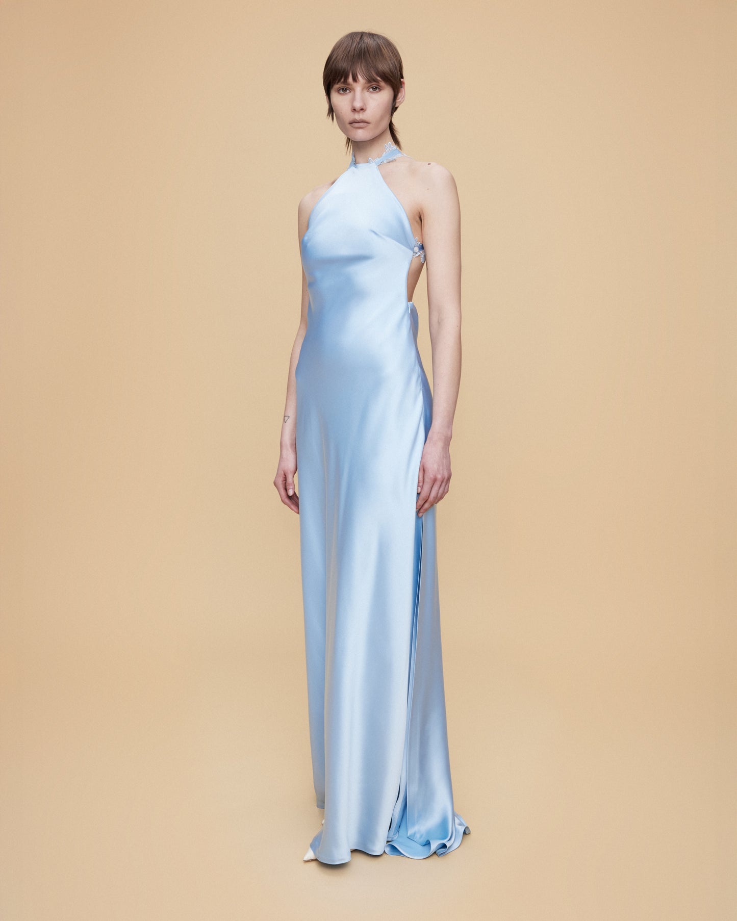 HALTER NECK MAXI SATIN DRESS WITH LACE TRIMMINGS