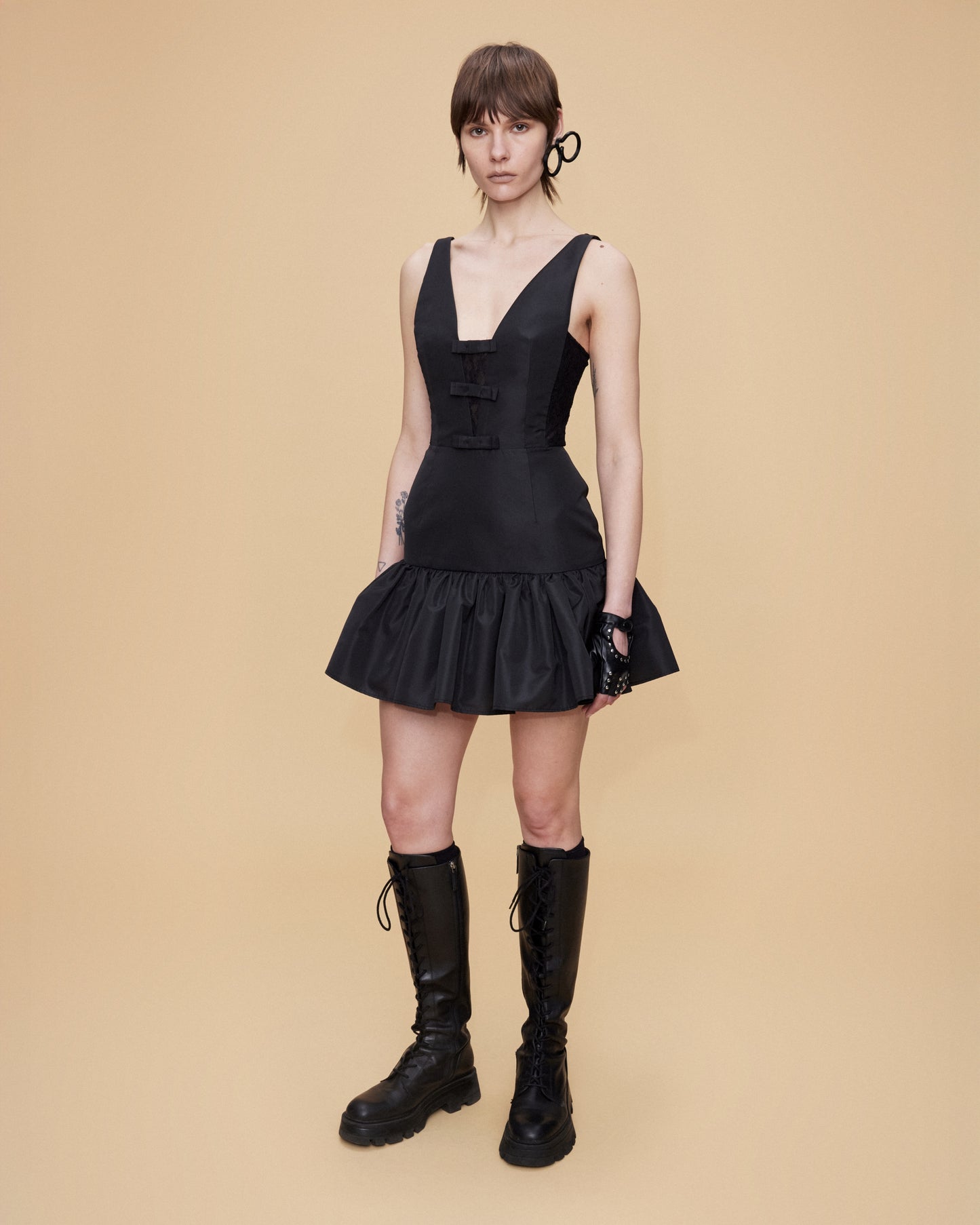 DEEP V NECKLINE MINI DRESS WITH BOW DETAILS