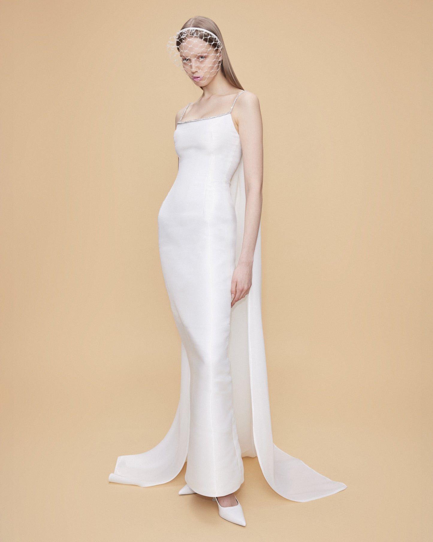 LIQUID ORGANZA SCULPTED DRESS WITH CAPE AT BACK