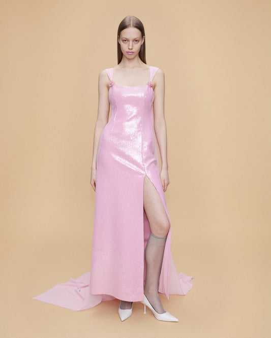 SEQUINED SLIT DRESS WITH CHIFFON 2 PIECE CAPE