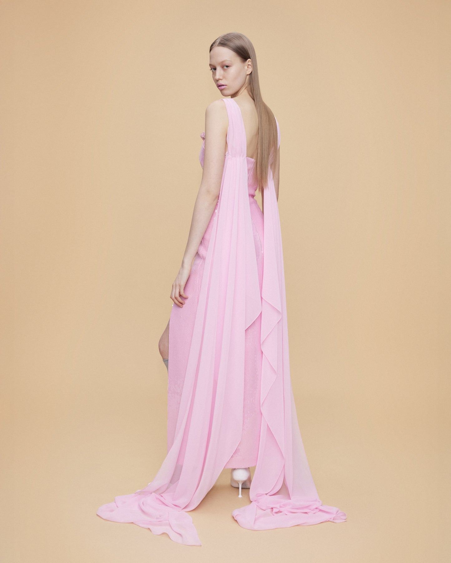 SEQUINED SLIT DRESS WITH CHIFFON 2 PIECE CAPE