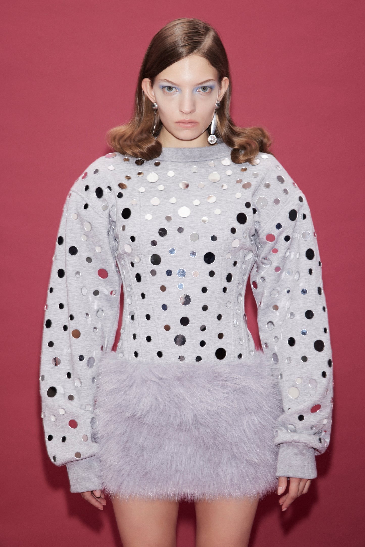 MINI MIRROR COVERED SWEATER DRESS WITH FAUX FUR SKIRT