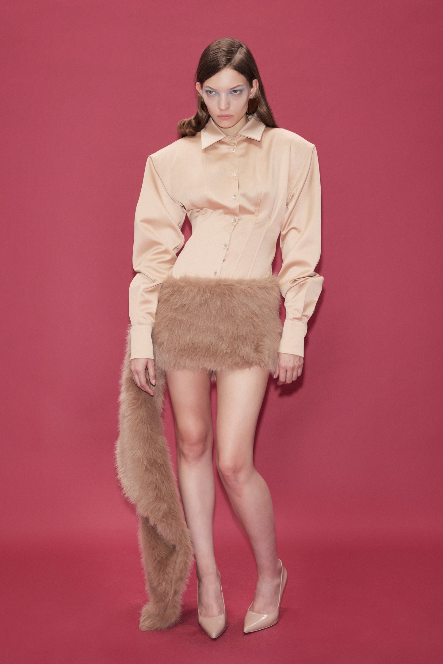 FAUX FUR MINI SKIRT WITH SIDE TRAIN DETAIL