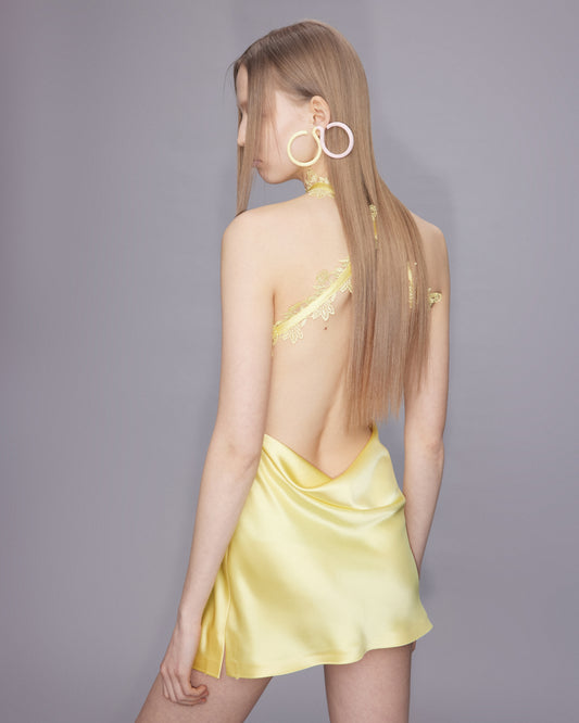 HALTER NECK MINI SATIN DRESS WITH LACE TRIMMINGS