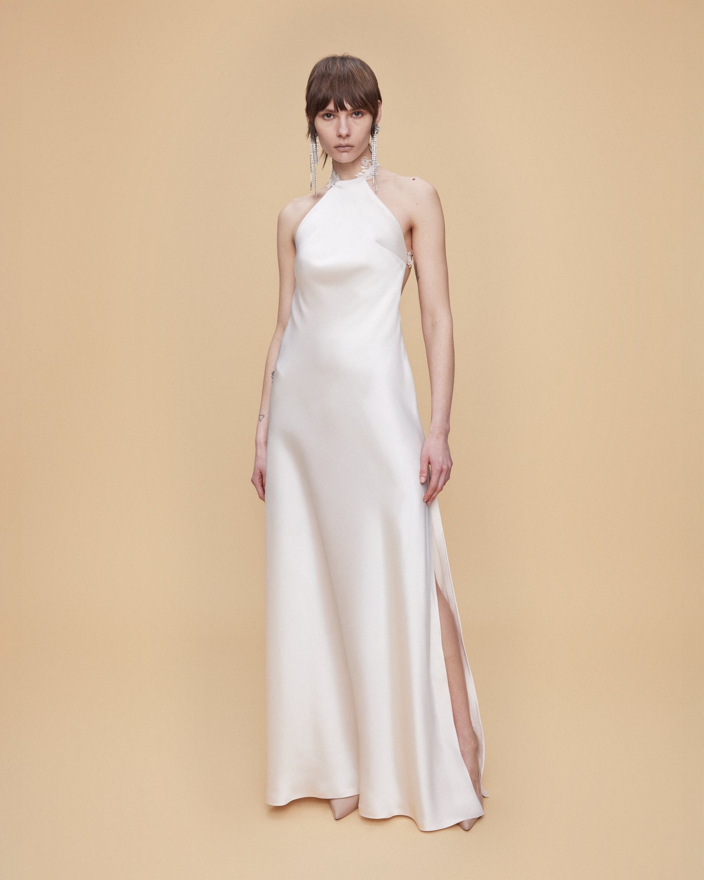 HALTER NECK MAXI SATIN DRESS WITH LACE TRIMMINGS