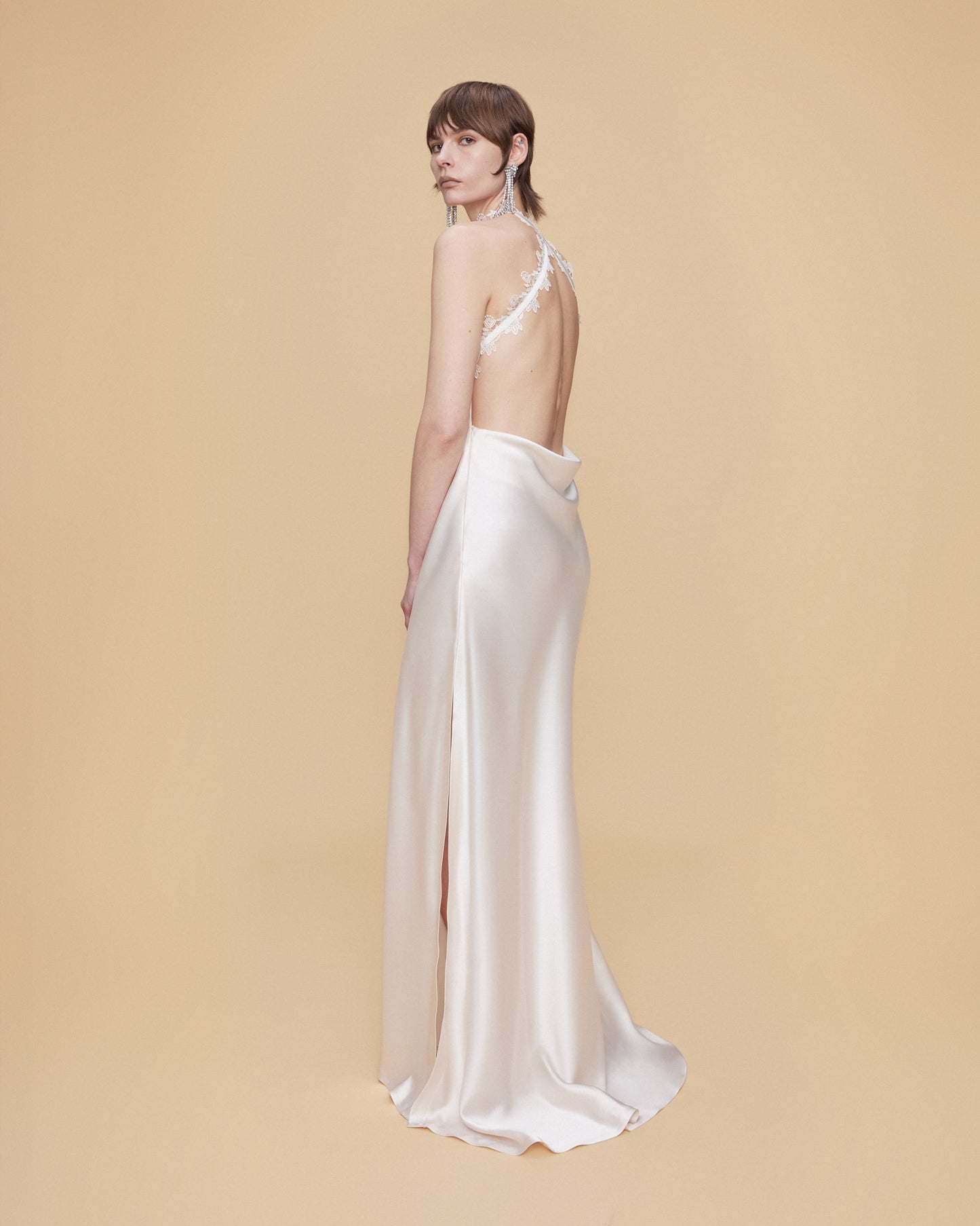 HALTER NECK MAXI SATIN DRESS WITH LACE TRIMMINGS