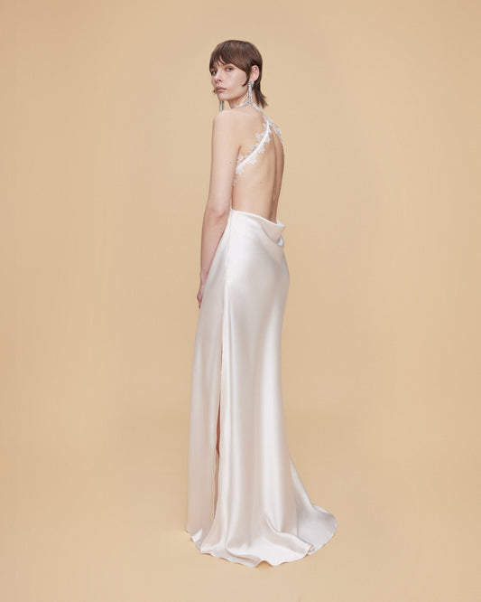 HALTER NECK MAXI SATIN DRESS WITH LACE TRIMMINGS