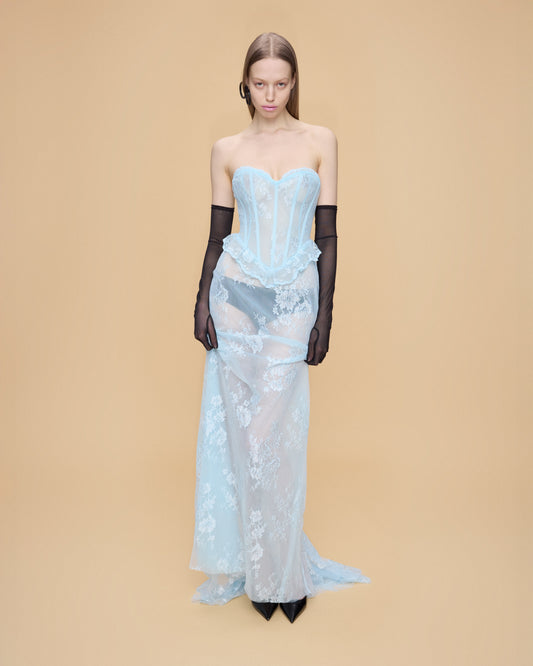 STRAPLESS CORSET MAXI LACE DRESS WITH TRAIN