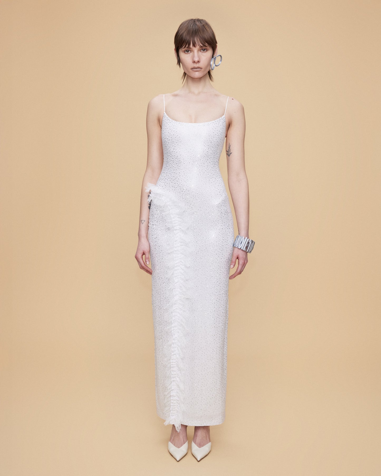 FULLY RHINESTONED MAXI DRESS WITH LACE RUFFLE DETAIL
