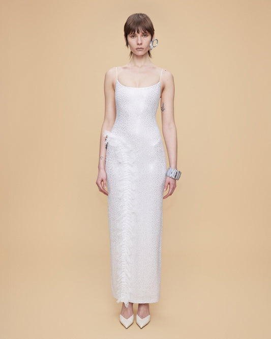 FULLY RHINESTONED MAXI DRESS WITH LACE RUFFLE DETAIL