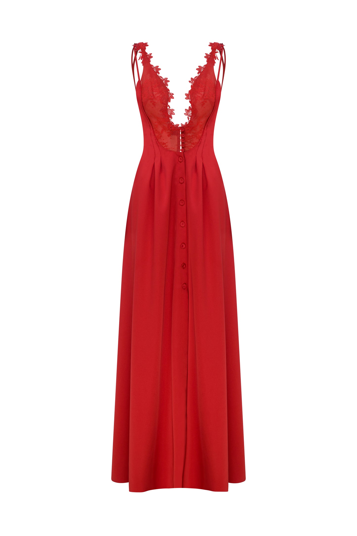 BACKLESS MAXI SATIN DRESS WITH LACE TRIMMINGS
