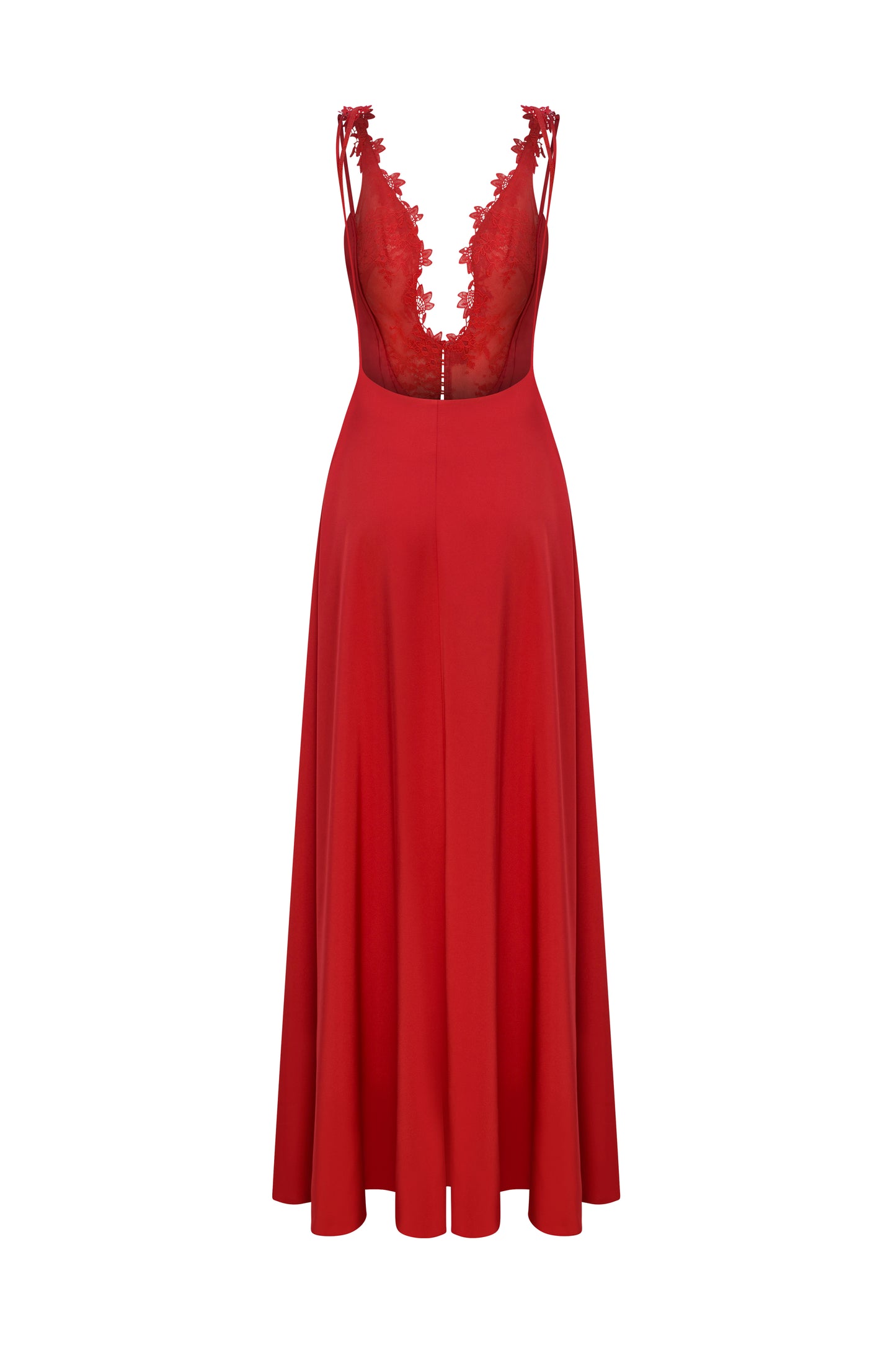 BACKLESS MAXI SATIN DRESS WITH LACE TRIMMINGS