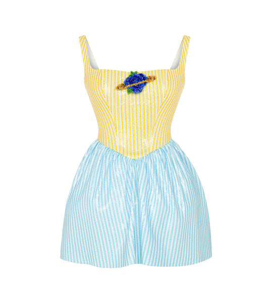SQUARE NECK PRINTED MINI SEQUIN DRESS WITH HANDMADE FLOWER ACCESSORY