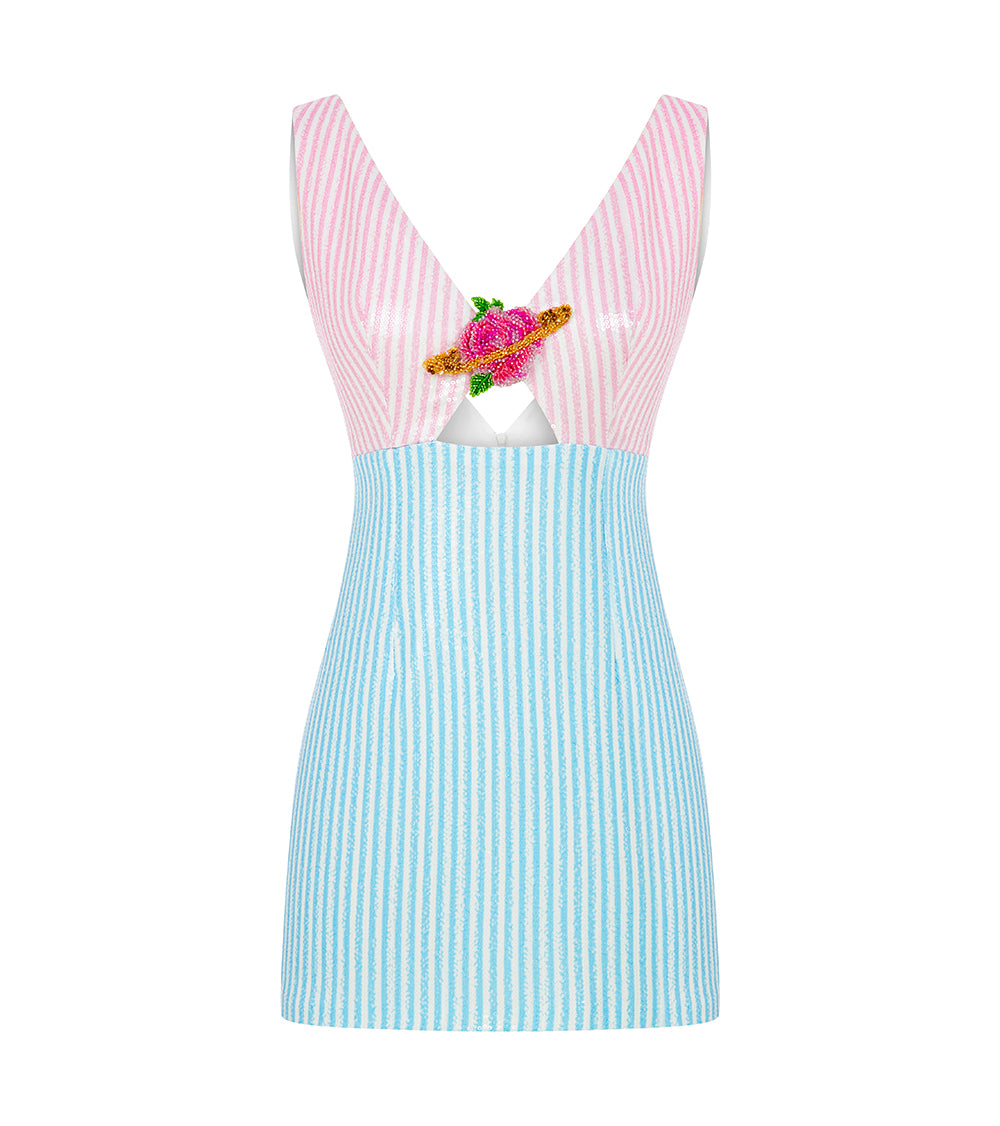PRINTED MINI SEQUIN DRESS WITH HANDMADE FLOWER ACCESSORY