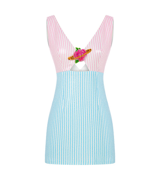 PRINTED MINI SEQUIN DRESS WITH HANDMADE FLOWER ACCESSORY