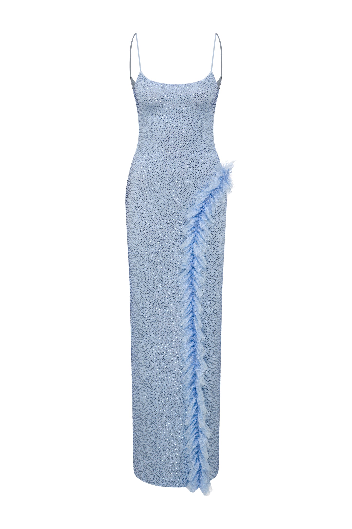 FULLY RHINESTONED MAXI DRESS WITH LACE RUFFLE DETAIL