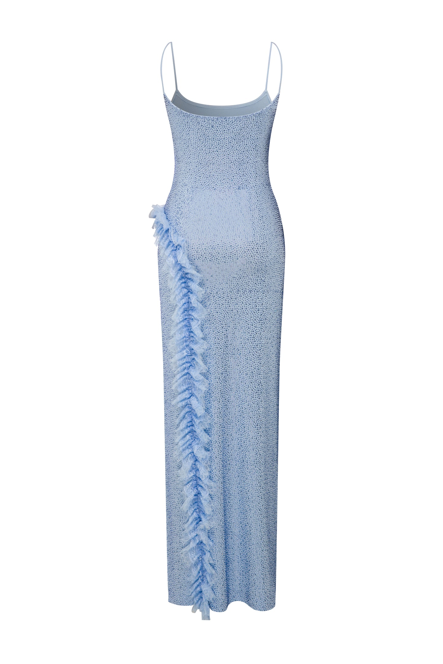 FULLY RHINESTONED MAXI DRESS WITH LACE RUFFLE DETAIL