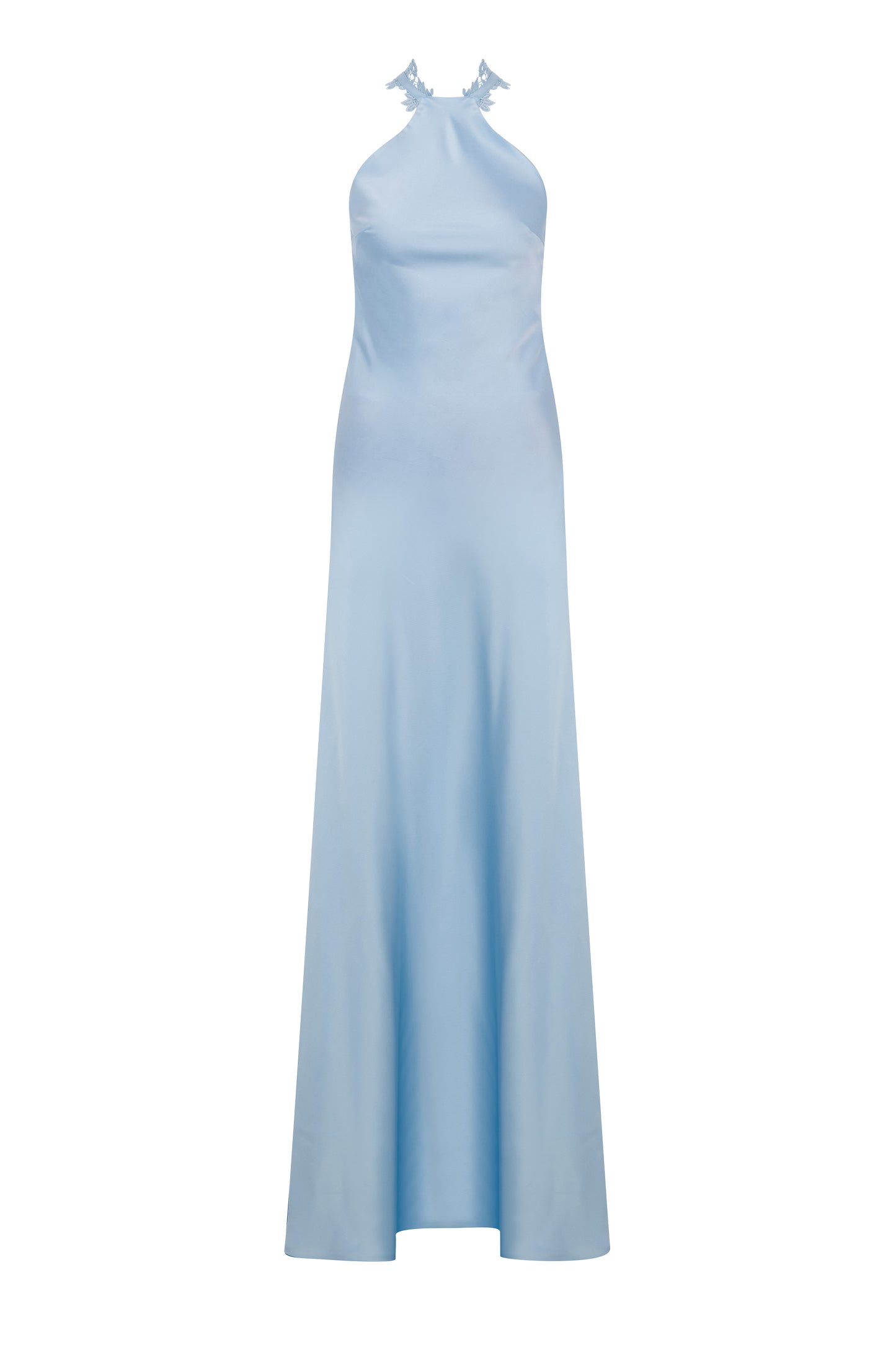 HALTER NECK MAXI SATIN DRESS WITH LACE TRIMMINGS