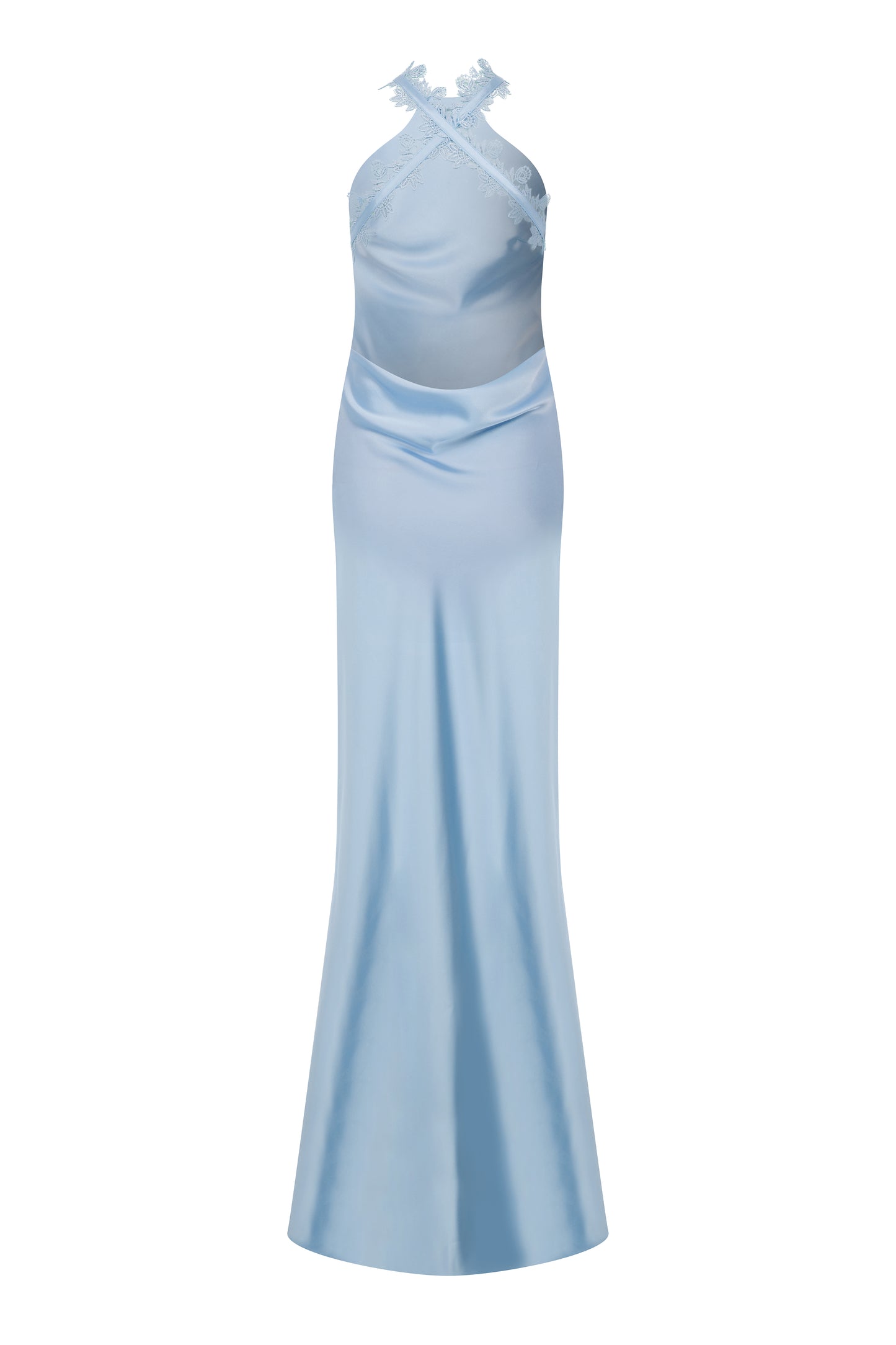 HALTER NECK MAXI SATIN DRESS WITH LACE TRIMMINGS