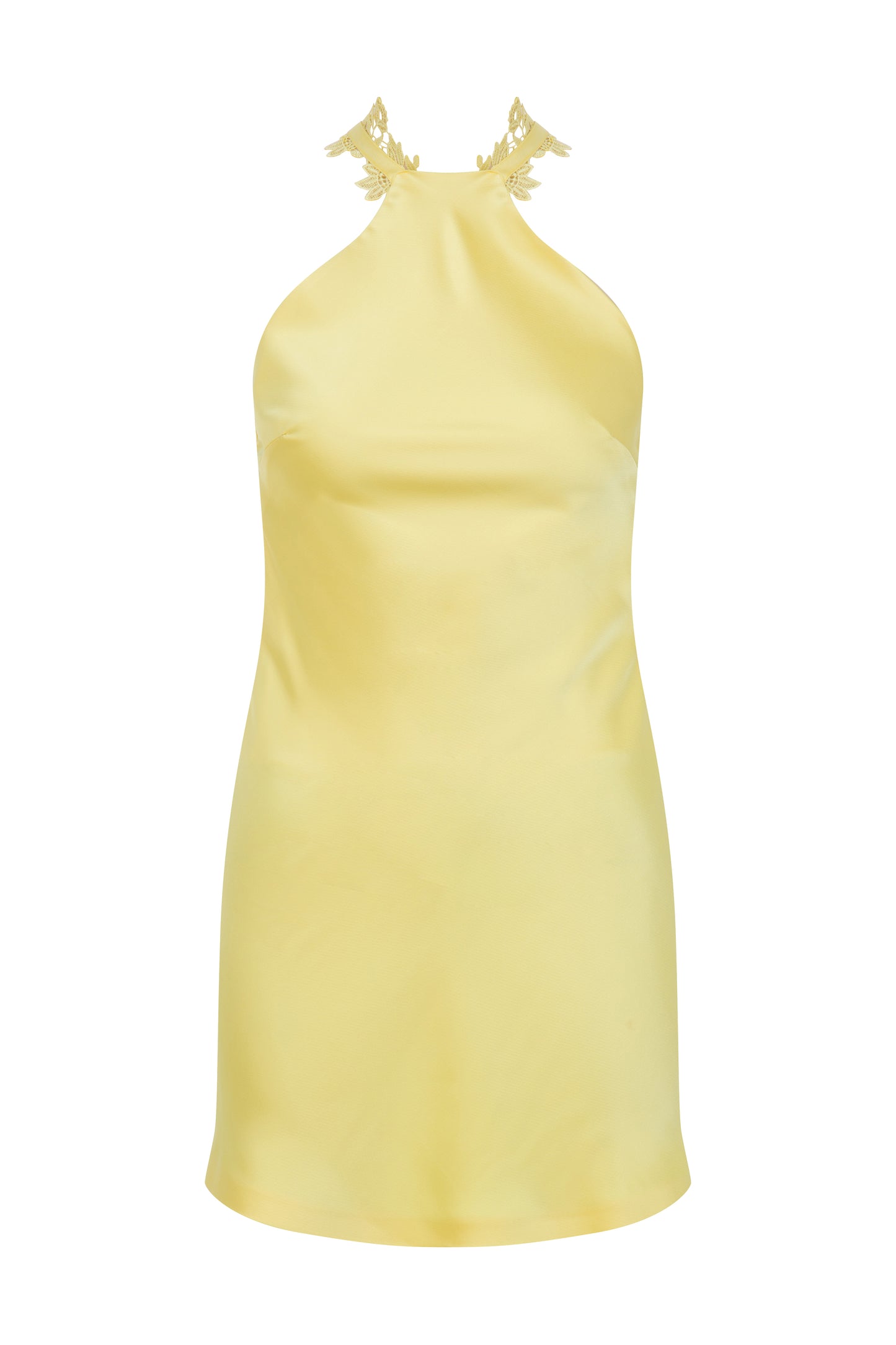 HALTER NECK MINI SATIN DRESS WITH LACE TRIMMINGS