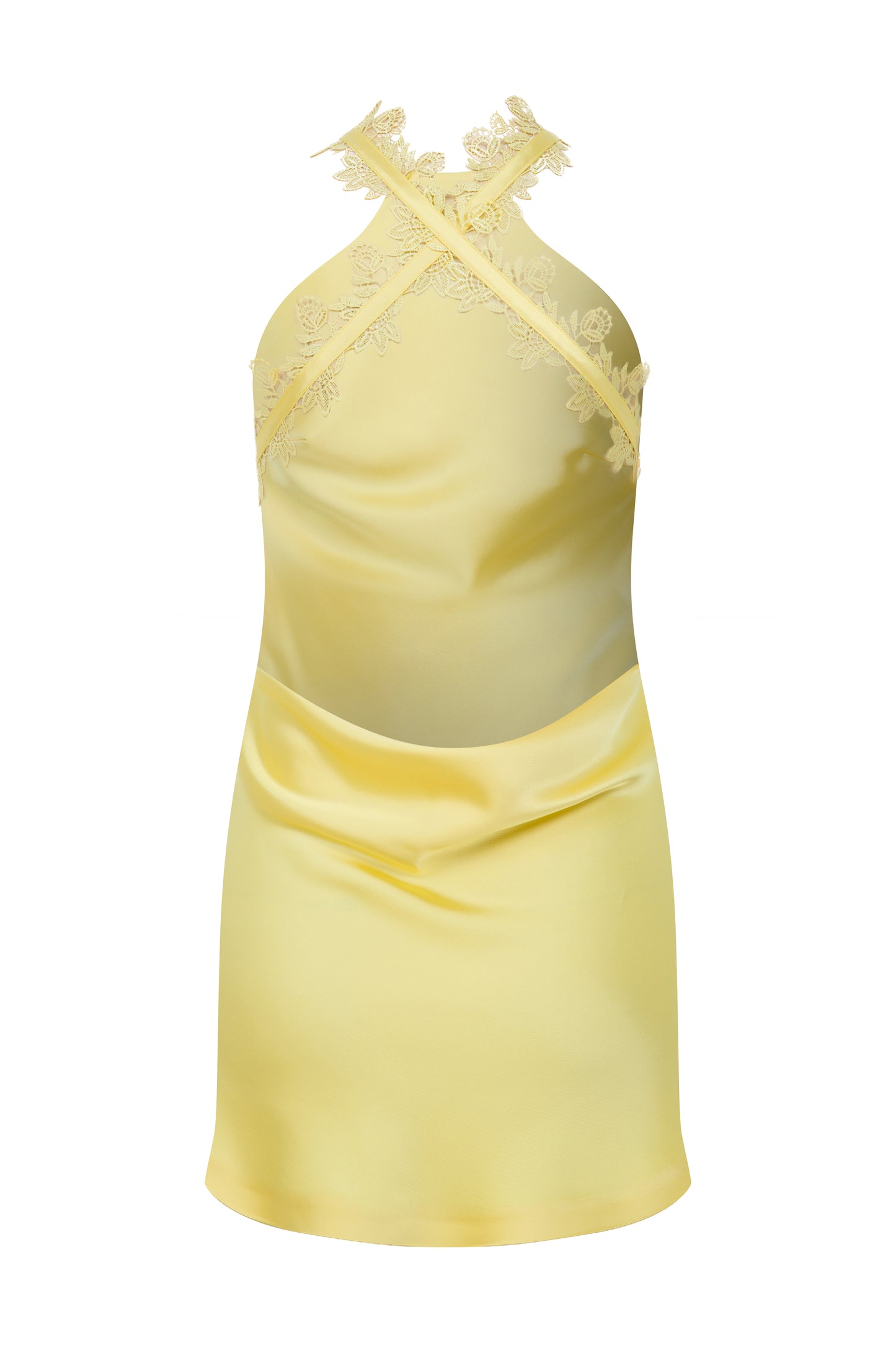 HALTER NECK MINI SATIN DRESS WITH LACE TRIMMINGS