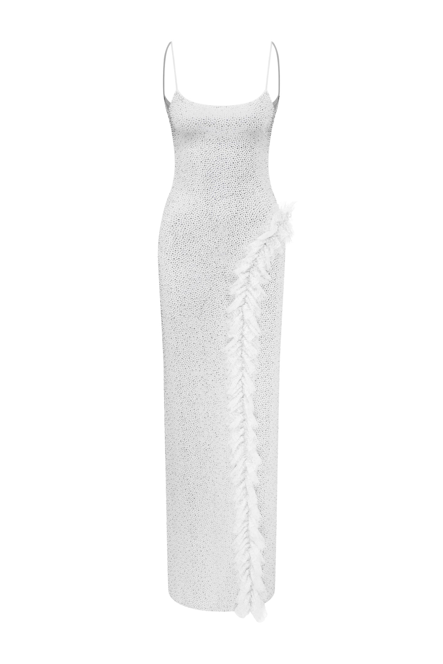 FULLY RHINESTONED MAXI DRESS WITH LACE RUFFLE DETAIL